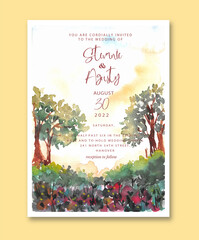 Wedding Invitation With Nature Forest Watercolor Background