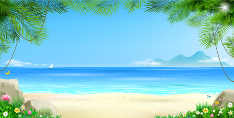 Fototapeta na wymiar Wide tropical beach banner background and palm