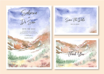 Wedding invitation with watercolor landscape of Hill and blue sky