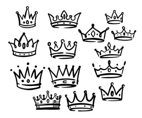 Various doodle crowns. Hand drawn vector set. Doodle king or queen beautiful diadem and decals.