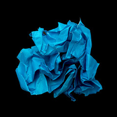  Crumpled blue color paper ball isolated on black background