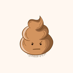 Cartoon poo, template feces icon. Kawaii poop isolated on white background. Shit pattern, evil turd. Vector illustration for invitation, poster, card, fabric, textile. Doodle style