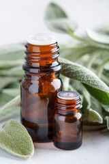 Bottle of essential clary sage oil and fresh leaves.