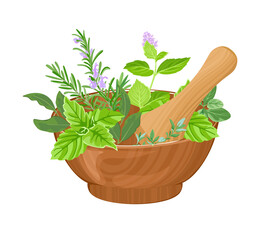 Vector mortar, pestle and fragrant fresh herbs isolated on white background. Cartoon flat illustration.