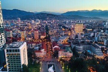 Panorama of the night city of Batumi from the drone, Adjara, Georgia