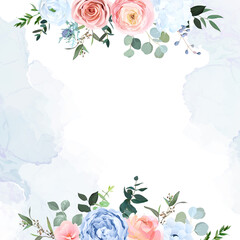 Dusty blue and peachy blush rose, white hydrangea, ranunculus, eucalyptus, greenery