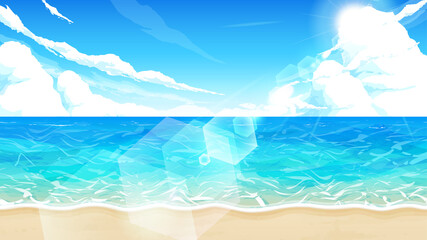 Fototapeta na wymiar 海と砂浜と空の風景イラスト_太陽の日差し_16:9