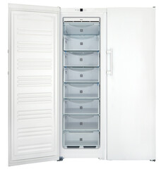 Open freezer with many compartments on a white background