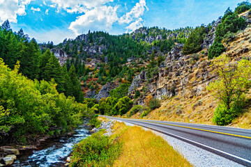 Fototapeta na wymiar Canyon road with creek running beside the road, green. bushes and trees, forest covered mountain under a blue sky with white fluffy clouds.