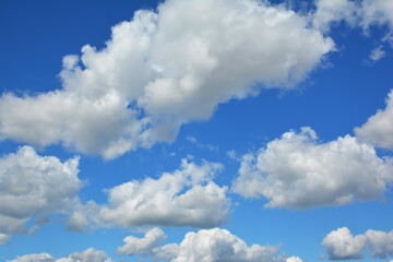Naklejka na ściany i meble The blue sky with white clouds background. White cumulus clouds in a blue sky.