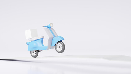 Delivery motorcycle scooter fast speed concept. on Model road home and office shipping. service express trunking on white background. copy space for text, banner, 3D rendering