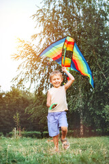 Cheerful little blonde hair boy running with a multicolored kite on the city park green grass meadow. Funny childhood with lovely toys concept image.