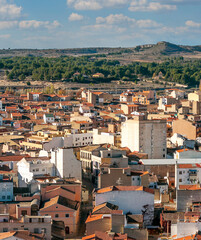 Aerial view of Almansa in the mountains of Albacete in Spain.