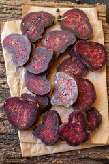 beef jerky sausage dry veal spicy mahan dry-cured horse meat snack healthy meal top view copy space...