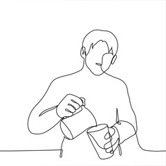 Man makes coffee - one line drawing. concept barista pours milk into coffee cups.