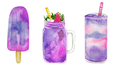 Set of summer fresh cocktail with ice and straw in glass jar, popsicle on stick. Violet cold drink, ice cream. Watercolor hand drawn elements. Isolated on white background.