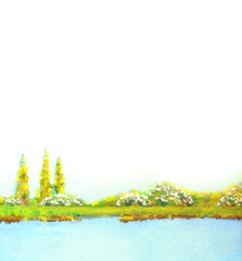 Watercolor landscape. White clouds on blue sky over lake