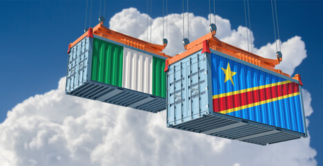 Freight containers with Democratic Republic of the Kongo and Nigeria national flags. 3D Rendering 