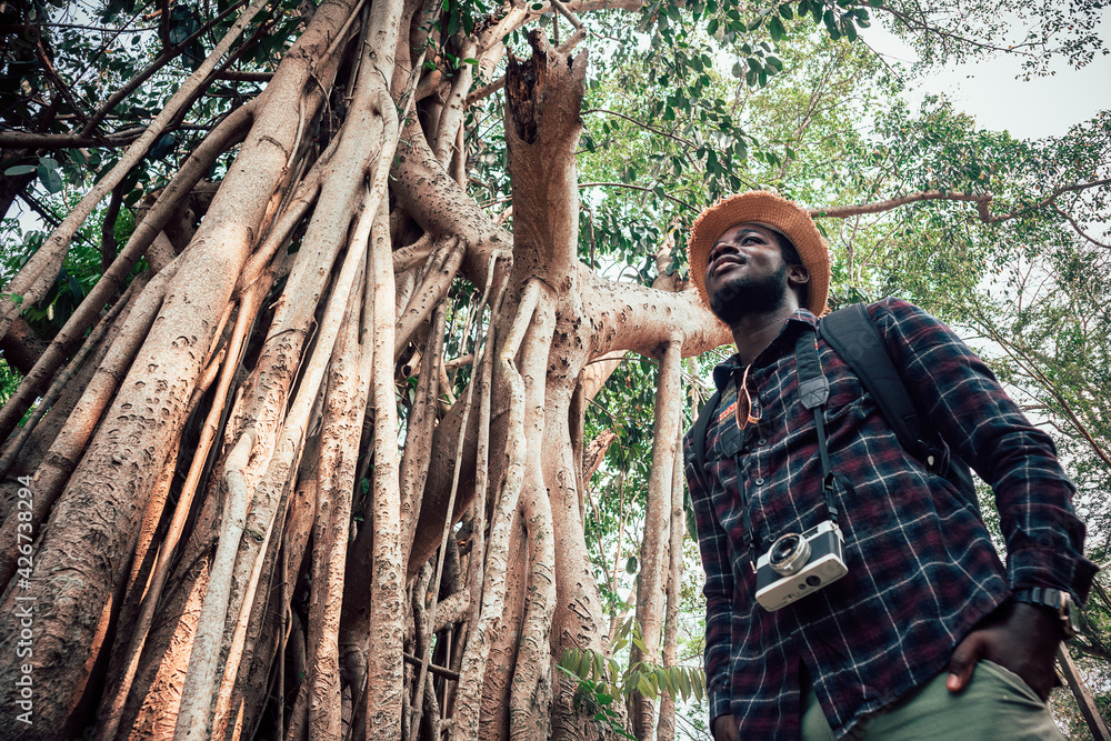 Wall mural African man walking in the forest with a camera looking by side