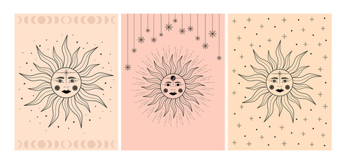 Hand drawn vector cards set of mystical Sun with woman`s face, star in line art. Spiritual symbol celestial space. Magic talisman, antique style, vintage, tattoo. Astrology, astronomy illustration