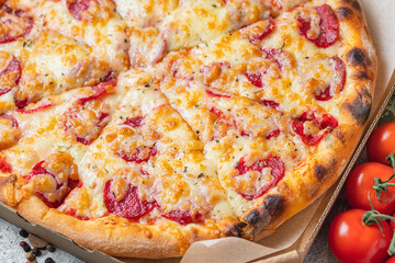 pizza pepperoni sausage tomato sauce and cheese trend fast food meal copy space food background rustic. top view
