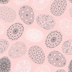 Hand drawn seamless pattern of Easter eggs with patterns, mandala, flowers, leaves. Ornate doodle sketch pink illustration at Easter, greeting card, invitation, wallpaper, wrapping paper, fabric