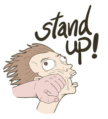 Funny punch head illustration and stand up message