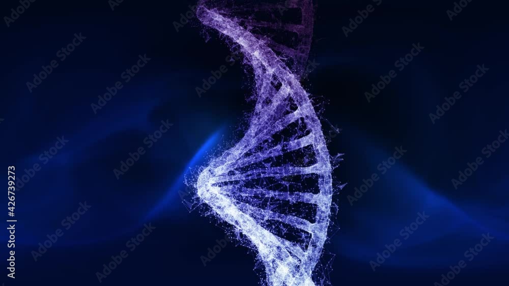 Poster rotating of a dna double helix molecule on futuristic blue copy space animation background.