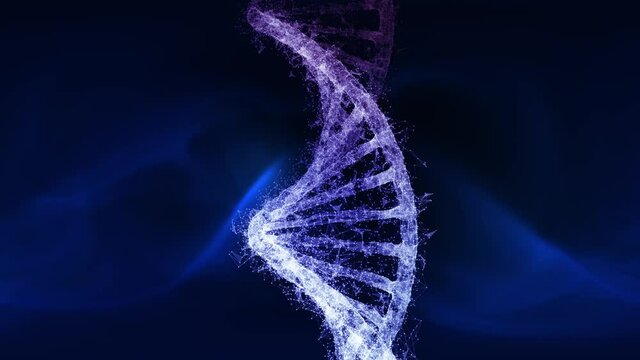 Rotating of a dna double helix molecule on futuristic blue copy space animation background.	