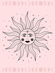 Hand drawn vector of mystical Sun with woman`s face, star in line art. Spiritual symbol celestial space. Magic talisman, antique style, vintage, boho, tattoo. Astrology, astronomy sketch illustration