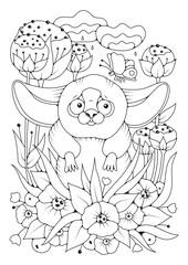 Coloring page for children and adults. A cute animal with long ears stands in a garden with flowers. Art line. Art therapy. Illustration for coloring.