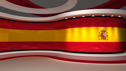 TV studio. Spain. Spanish flag studio. Spanish flag background. News studio. The perfect backdrop for any green screen or chroma key video or photo production. 3d render. 3d