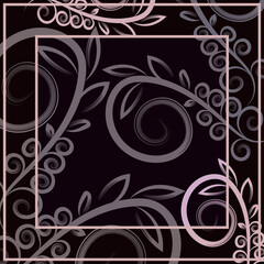 Vector floral pattern with decorative leaves and pink abstract curls on dark background for textile design, fabric, scarves, shawl, hijab, squared pattern