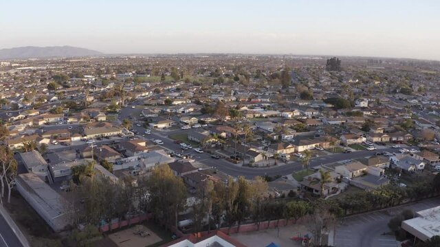 Sunset aerial view of a residential area of Oxnard, California, USA.