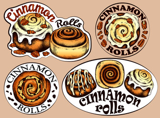 Drawing set of cinnamon roll stickers for cafe, menu, bakery. Colorful outline cinnamon bun with raisins, icing, toppings, pecan nut. Sweet food logo, engraved desserts. Vintage vector illustration. - 426741012