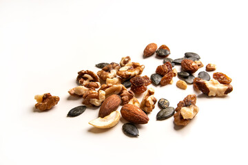 Various nuts on the white background. Selective focus, Top view.