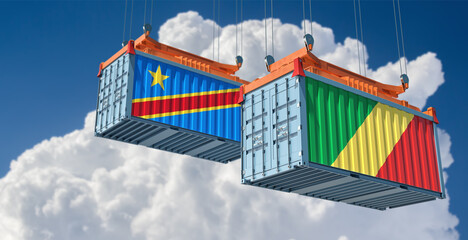 Freight containers with Democratic Republic of the Congo and Republic of the Congo national flags. 3D Rendering 