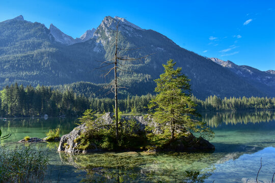 See, Hintersee, Ramsau, Berchtesgaden, Berchtesgadener Land, Malerwinkel, Ferchensee, Forchensee, Ramsauer Ache, Hochkalter,  Oberbayern, Wasser, Spiegelglatt, Spiegelbild, spiegeln, Oberfl&auml;che,  Somm