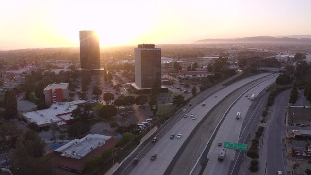 Sunset aerial view of the downtown skyline of Oxnard, California, USA.
