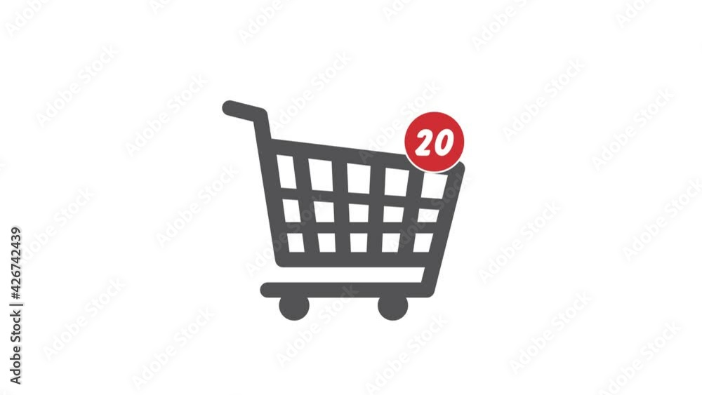 Poster close up shot animation of shopping cart icon on computer screen with animated number 20 add online 