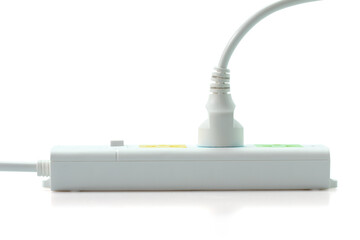 Electric plug and Multiple socket with connected plugs isolated on white backhround. With clipping...
