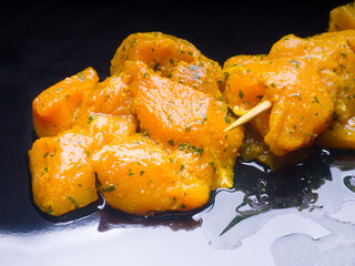 Raw Moorish skewer of chicken meat with marinade