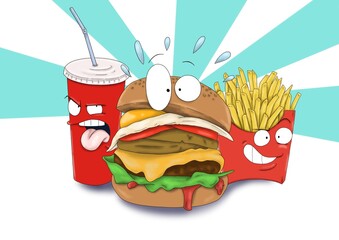 menu de comida con hamburguesa refresco y patatas