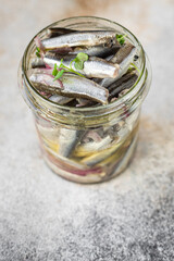 anchovy salad fish seafood  small salty herring marinated appetizer healthy vegetarian meal top view copy space food background 