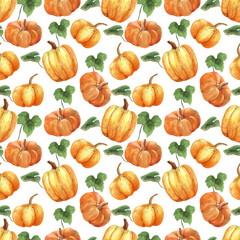 Hand drawn watercolour pumpkins.  Seamless pattern isolated on white background.