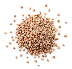 Dry coriander seeds heap on white background, isolated. The view from top