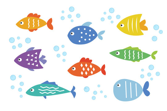 Colorful cartoon sea fish set. Flat vector isolated illustration on white background. Exotic tropical decoration. Aquarium elements. Pet store icons. Cartoon animals characters. Summer sea pictures.