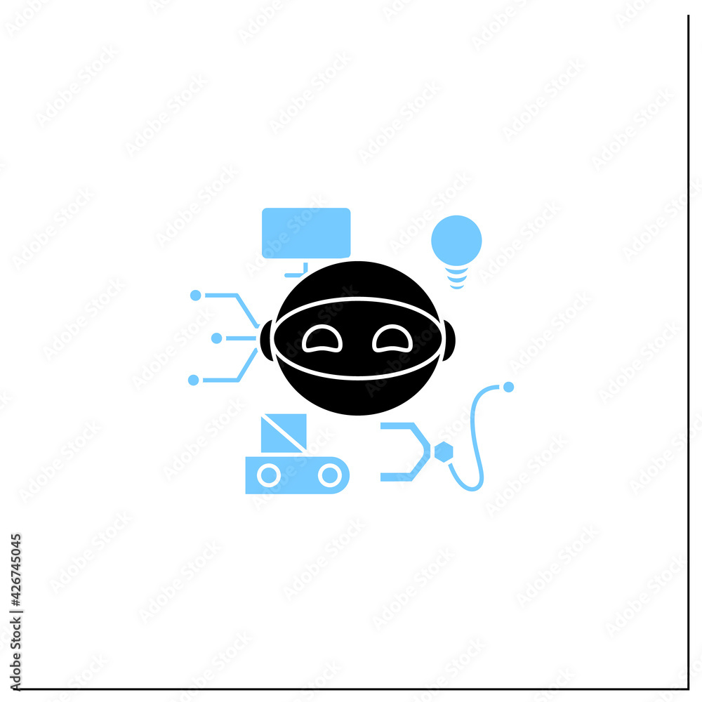 Poster robot glyph icon. smart production robot. robotizing. modern technologies. future. available service