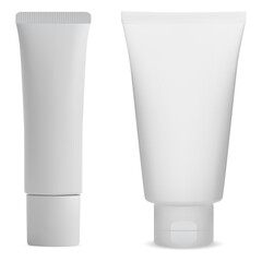 White cream tube side mockup. Tooth paste package blank. Facial care gel or lotion, realistic template illustration. Sauce tube with lid, no label. Scrub box mock up, isolated on white
