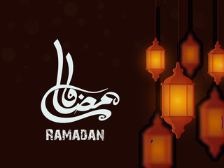 Arabic Calligraphy Ramadan Kareem With Hanging Lanterns Design